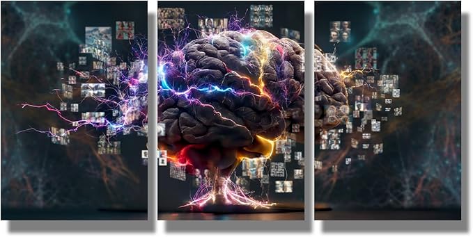 LSIUHWUWI 3 Panel Modern Wall Art Human Brain Full with Creativity Pictures Print on Canvas Wall Art for Bedroom Living Room Home Office Wall Decorations Framed Ready to Hang 16x24inchx3