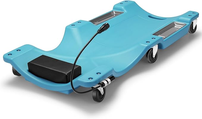 DNA Motoring 40 Inch Low Profile Plastic Rolling Garage Shop Floor Creeper with LED Light, Padded Headrest, Dual Tool Trays, Casters, Tiffany Blue, TOOLS-00389-TB