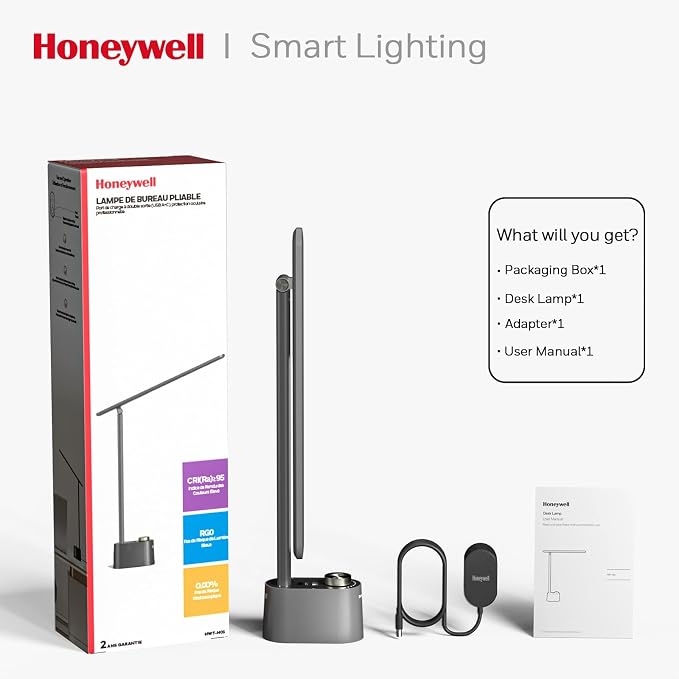 Honeywell HWT-H01 LED Desk Lamp Stepless Dimmable Table Lamp with USB A+C Dual Charging Port Eye-Caring Foldable Desk Light with 3 Color Modes for Home Office Bedroom Reading Study Sunturalux (Gray) | Sunturalux Eye Protection Light with Charging Ports...
