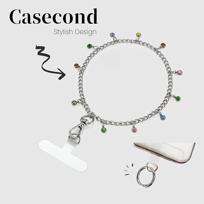 Phone Charm Wrist Strap Silver Metal Chain Detachable Lanyard Hand Wristlet Fashion Shine Finger Grip Anti-drop with 2 Tether Tab for Women Girls Universal for iPhone 16 Pro Max Colorful Gem
