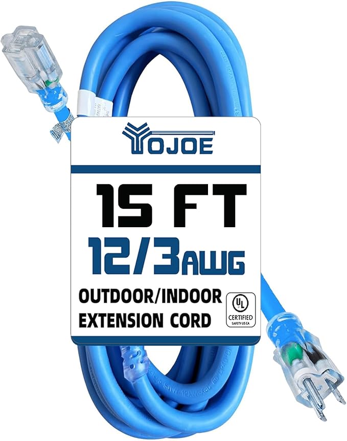 YOJOE Indoor Outdoor Extension Cord with Lighted End, 3 Prong 15A Weatherproof Power Cord, 12 Gauge Heavy Duty 15 ft Blue Extension Cord for Garage, Garden and Home, 12/3 SJTW UL Listed