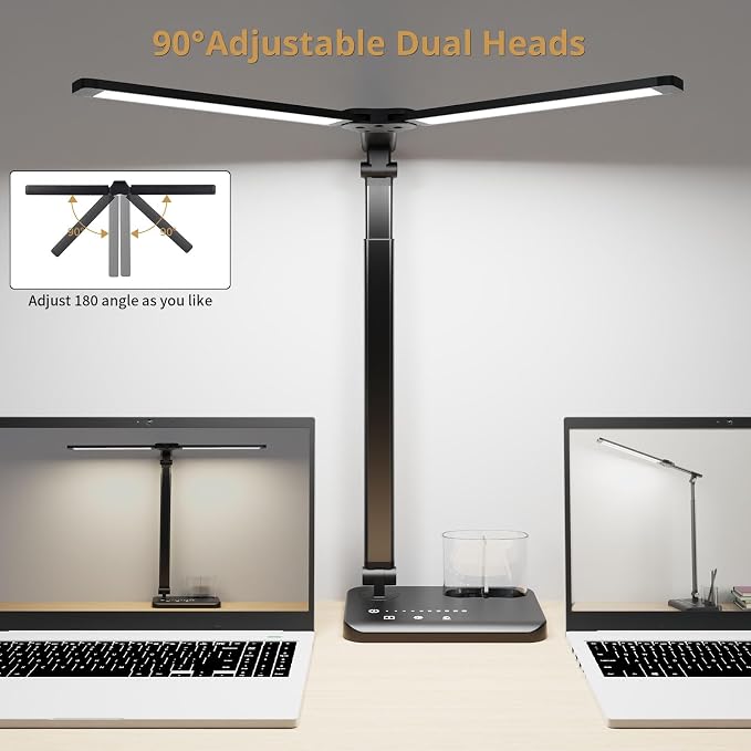 Woputne LED Desk Lamp Dual Heads, Dual USB Port, Height Adjustable, 15W | 5 Light Modes & Dimmable Brightness,Desk Lamps for Home Office Bedside Lamp for Reading, Craft, Work, Study (Black)