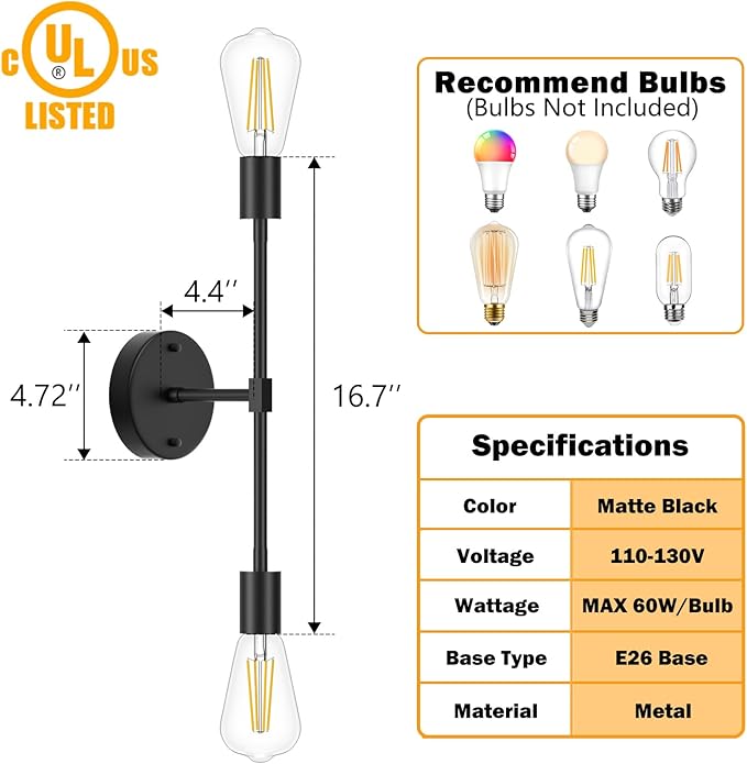 FadimiKoo 2-Light Black Bathroom Lighting Over Mirror, Modern Sconces Wall Light Fixtures, Indoor Semi Flush Mount Ceiling Light for Hallway Bedroom Kitchen (1 Pack)