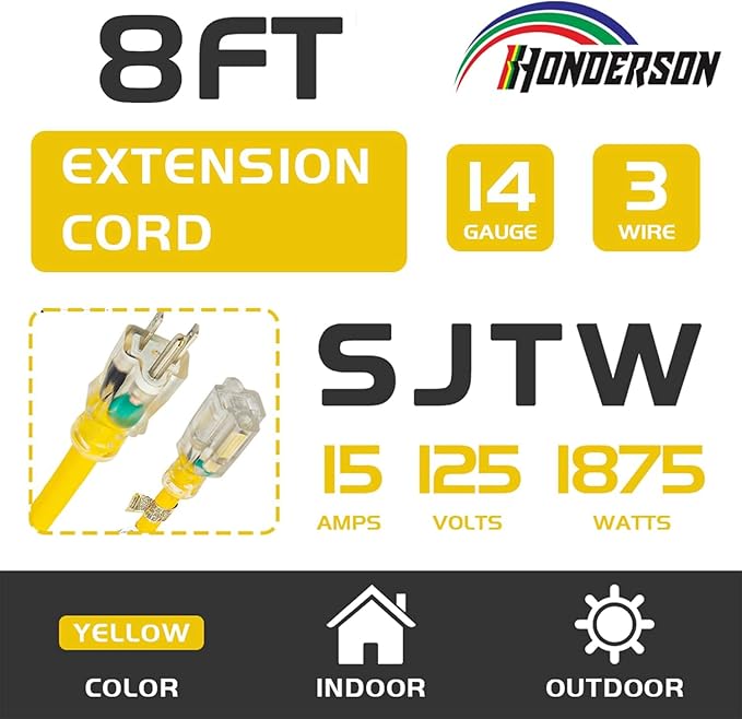 Indoor Outdoor Extension Cord Weatherproof with Lighted End, UL Certified, 14 Gauge 8FT Yellow 3 Prong Heavy Duty, 14/3 SJTW 15A Power Cord for Outdoor Lights, Lawn