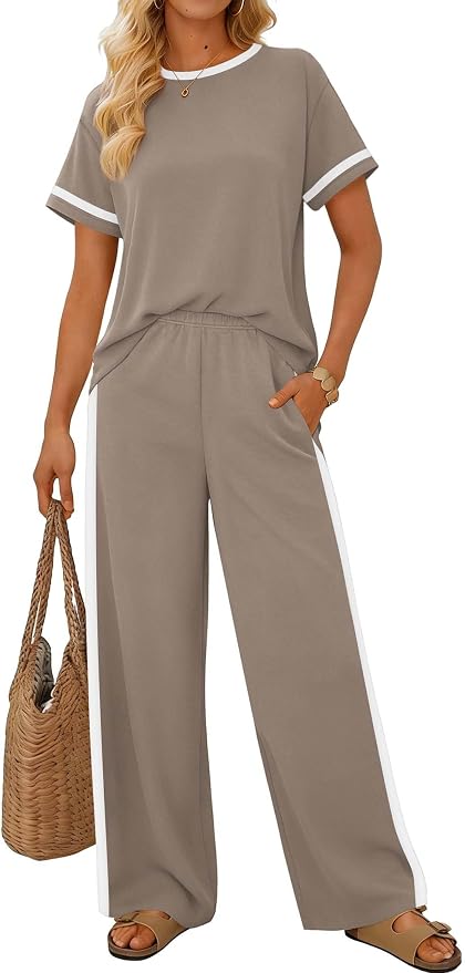 Sampeel 2 Piece Sets for Women Matching Sets Summer Outfits Resort Wear Short Sleeve Lounge Set Wide Leg Pants with Pockets