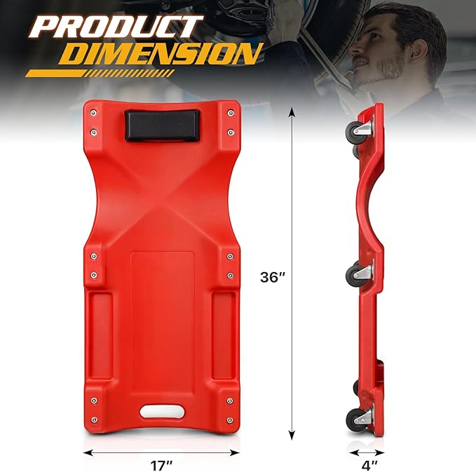 Magshion Mechanic Creeper with Padded Headrest and Tool Tray, 330 lbs Capacity Rolling Garage Shop Creeper with 6 Wheels, Lightweight and Portable Automotive Creeper (Red)