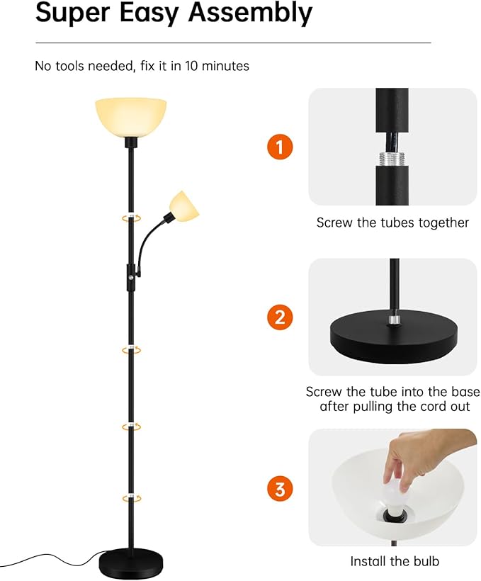 Floor Lamps for Living Room Black, 71" Tall Pole Bedroom Light, Bright Floor Lamp with Adjustable Reading Light, Simple Standing Lamp, White Plastic Lampshade, 3-Way Rotary Switch, Modern Mid-Century
