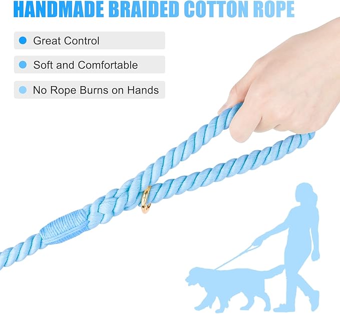 Dog Leash 5 FT Handmade Braided Cotton Rope Leashes for Small Medium and Large Dogs, New Golden Heavy Duty Metal Clasp, Light Blue