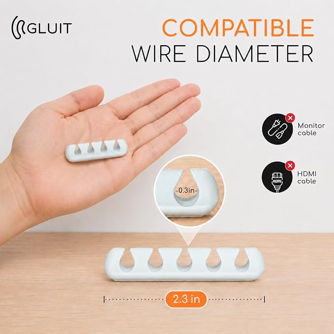 Cord Organizer for Desk, Nightstand Cable Holder, 20 Pack, Multislot, White | GLUIT Adhesive Charger Organizer, Cable Management for Desk Car Office Home College Dorm Room Cable Clips for Cords