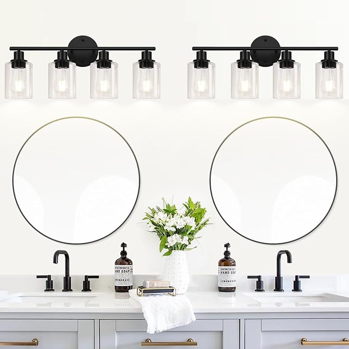 4-Light Bathroom Light Fixtures, Matte Black Modern Vanity Lights Over Mirror with Clear Glass Shade, Bathroom Wall Lamp for Mirror Kitchen Living Room Hallway Cabinet Porch Bedroom Reading room
