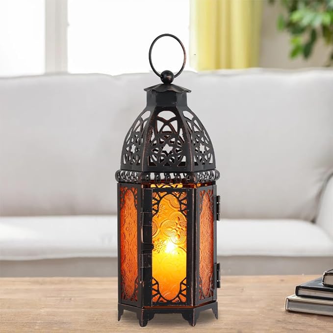NEEDOMO 11'' Moroccan Lanterns Decorative Indoor & Outdoor, Vintage Christmas Candle Holder, Metal Lanterns Decorative, Table, Patio, Porch, Shelf, Christmas Spring Halloween Home Decor (Amber)