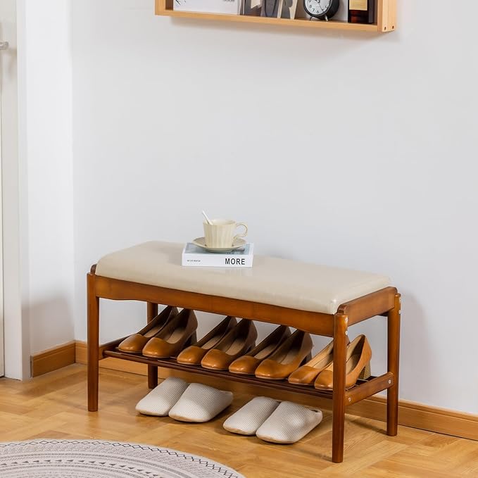 Shoe Bench, Entryway Bench, Wood 2-Tier Shoe Rack with Cushion Padded Seat Shoe Organizer (31.5",Beige)