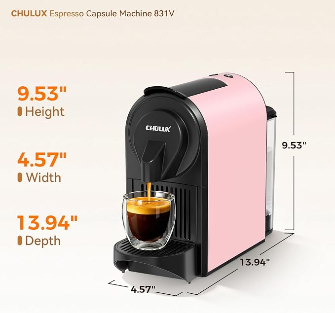 CHULUX Bafè-Pro Compact Espresso Machine 20 Bar for Nes Original Pods, Pink | 1400W Rapid Heating, Espresso Lungo Buttons, Used Capsule Drawer, Auto-Eject System, 24oz Removable Reservoir, Mini Footprint