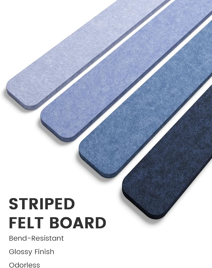 Fluxynara 13" x 2" Felt Wall Panels, Denim Mist | 5-Pack Cork Board Alternative with 35 Push Pins, Adhesive Mounting for Bedroom Door or Home Office