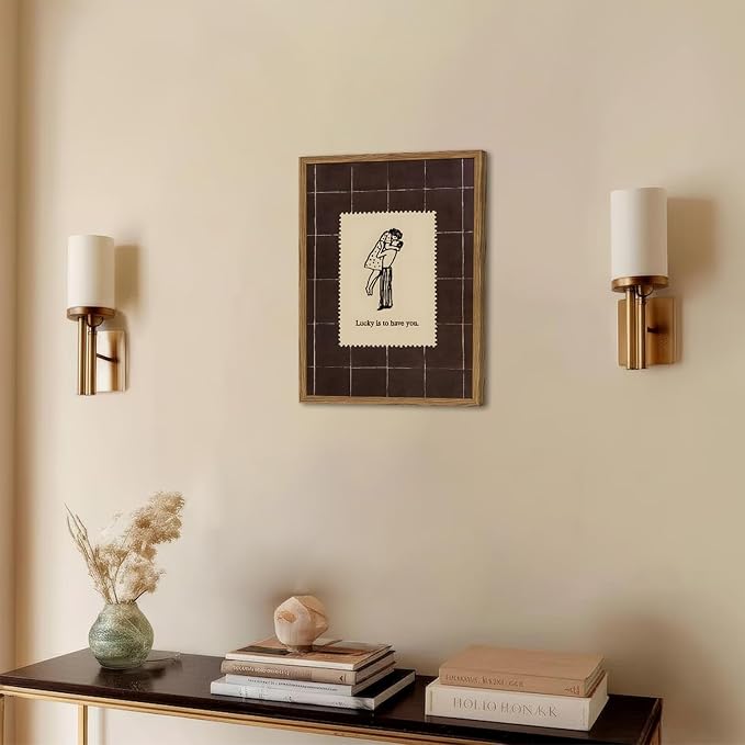 Vintage Love Couples Wall Art, Mid Century Lucky is to Have You Wall Decor Picture Romantic Anniversary Valentine Stamp Poster Canvas Prints for Bedroom Living Room 12x16 inch Wood Framed