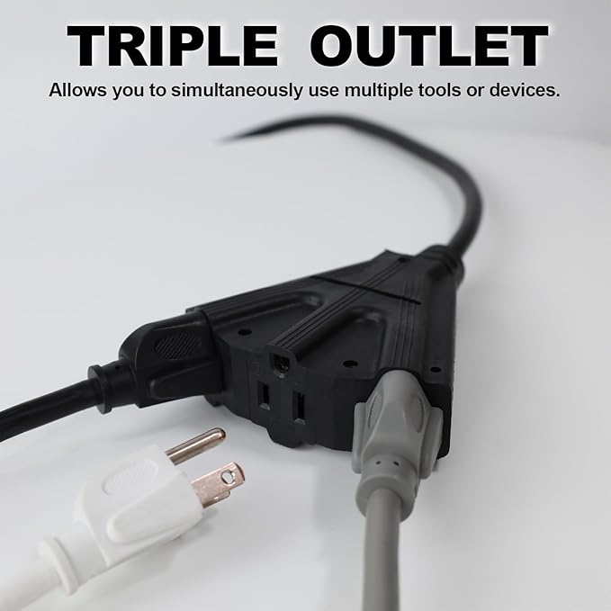 EP 2 Pack 15 Ft Outdoor Extension Cord with 3 Electrical Power Outlets - 16/3 SJTW Black Cable with 3 Prong Grounded Plug for Safety Great for Christmas Lights, Garden and Major Appliances