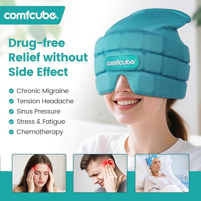 Migraine & Headache Relief Ice Cap, 2 Hours Long Lasting Cold Therapy Wearable & Washable Form Fitting Ice Hat for Sinus & Stress Relief, Puffy Eyes, Severe Migraines, Chemo
