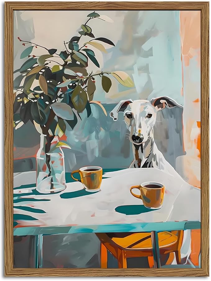Funny Dog Wall Art, Whimsical Whippet Wall Decor Painting Cute Greyhound Poster Canvas Print Animal Artwork for Dining Room Kitchen Living Room 12x16 inch Wood Framed