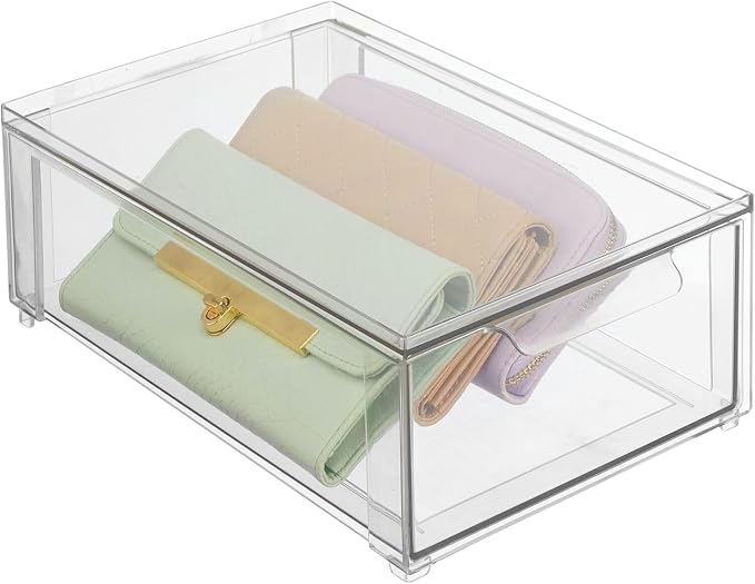 mDesign Plastic Closet Organizer Bin w/Pull Out Drawer - Shallow Stackable Storage for Closet - Organization for Shoes, Clothes, Bags, Totes, and Small Linens - Lumiere Collection - Clear