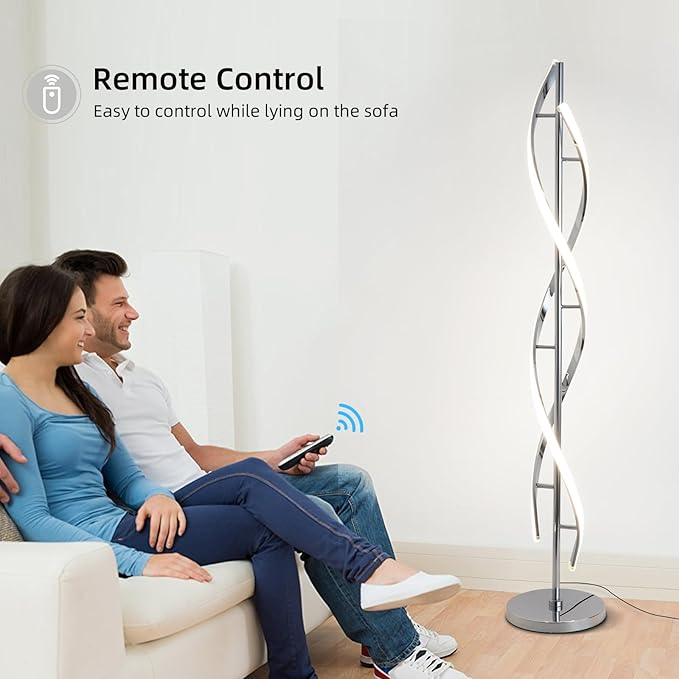 LED Modern Floor Lamp for Living Room, 40W 3 Colors Stepless Dimmable and Color-Changing Bright Floor Standing Lamp,60" Unique Spiral Floor Tall Lamp for Bedroom Office with Remote,Chrome