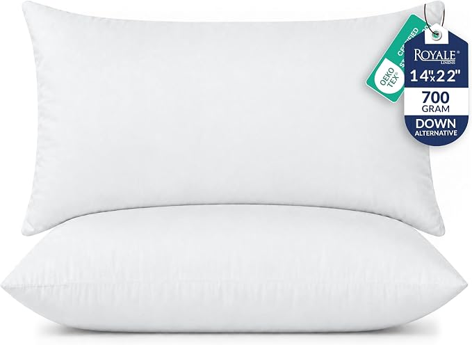 ROYALE LINENS 14 x 22 Pillow Insert - Down Alternative Throw Pillows Insert - Square Pillow Pack of 2 White - Bed & Couch Pillows - Inner Cushion for Bed, Cushion for Living Room - Shams Stuffer