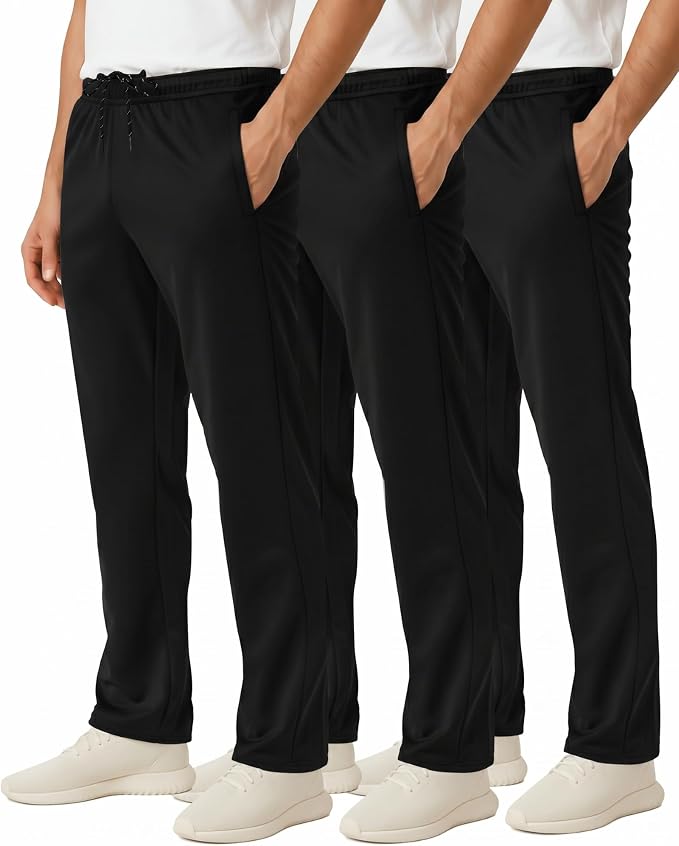 3 Pack Men's Mesh Open Bottom Sweatpants Active Athletic Workout Gym Pocket | Available in Big & Tall, Uncuffed, Elastic Waistband, Drawstring, Straight Leg, Running, Jogging, Exercise, Training, Sports