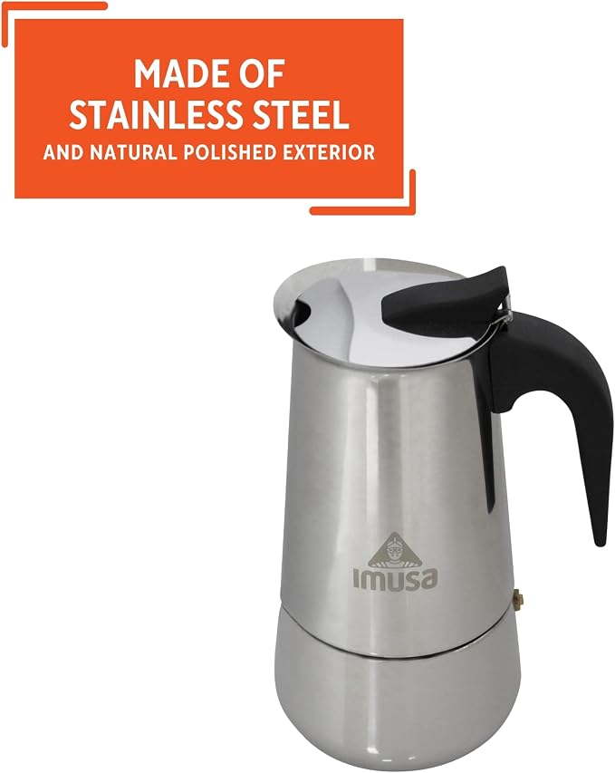 IMUSA USA B120-22062M Stainless Steel Stovetop Espresso Coffeemaker 6-Cup, Silver | Mirror-Polished Finish, Cool-Touch Handle and Flip-Up Top, Works on Gas, Ceramic, And Electric Stovetops