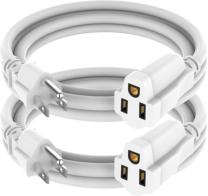 2 Pack Power Extension Cord 4FT, 3-Prong Grounded Electrical Extension Cable Outlet Saver, Single Outlet Extender, Outdoor and Indoor, Heavy-Duty, Waterproof, Flexible, 16AWG, SJTW, 13A 125V(White)