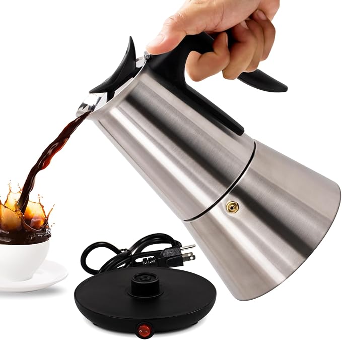 Electric Stainless Steel Moka Pot 6 Cup 300ml Mocha Pot | Espresso Maker with Detachable Base Ideal Coffee Maker for Home Italian and Cuban Café Coffeemaker Espressomaker Coffee Pot