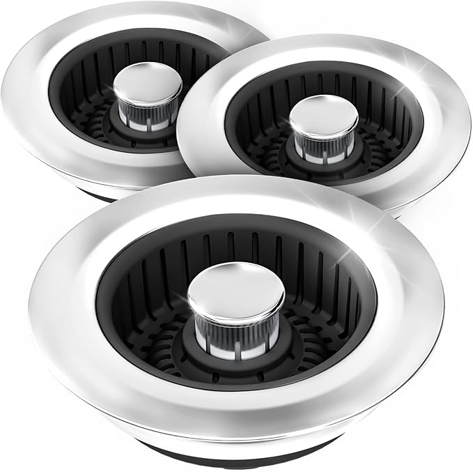 3 in 1 Kitchen Sink Drain Strainer Stopper Removable Basket Pop-Up | Kitchen Sink Accessories 3 Pack Black Stainless - Food Catcher, Odor-Blocking Seal, Fits 3.5" Drain, Easy Clean