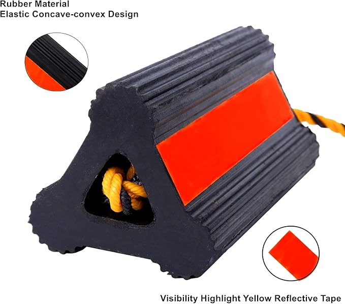 Wheel Chocks Rubber Heavy Duty Trailer Wheel Chocks with Red Reflective Visibility Tape and Yellow Nylon Rope 8.27" x 4.53" x 3.94" (Comes with Spare Red Reflective Strip)