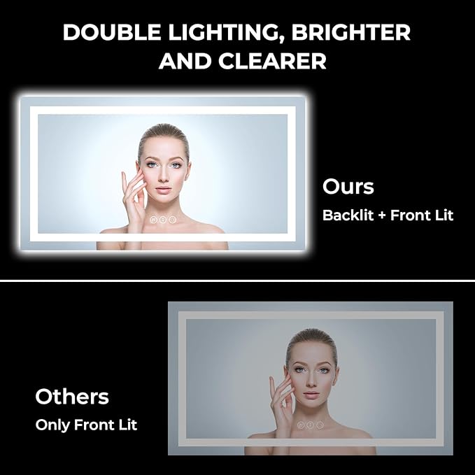 55x30 Inch LED Bathroom Mirror with Lights Front and Backlit Lighted Vanity Mirror for Bathroom Wall with 3 Colors Dimmable Anti-Fog Memory Shatter-Proof IP54 Waterproof Horizontal/Vertical