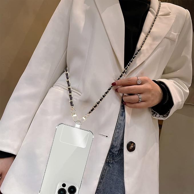 Phone Crossbody Chain Cell Phone Lanyard,Universal Leather+Metal Shouder Strap with Phone Tether Patches (B)