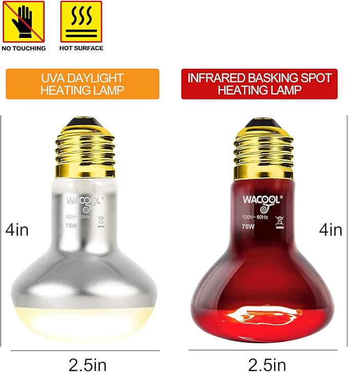 WACOOL 4Pack Reptile Heat Lamp Day & Night Kit 75W, Nature Simulated Basking Daylight & Nightlight UVA Heat Lamp Bulbs for Reptiles & Amphibians