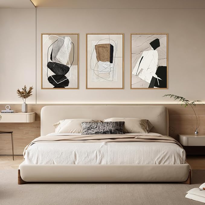ANHUIB Large Neutral Abstract Wall Art Canvas,Black Beige Artwork, Modern Framed Art Wall Decor, Minimalist Geometric Painting,24x36 Inches Print Set of 3 for Living Room Bedroom