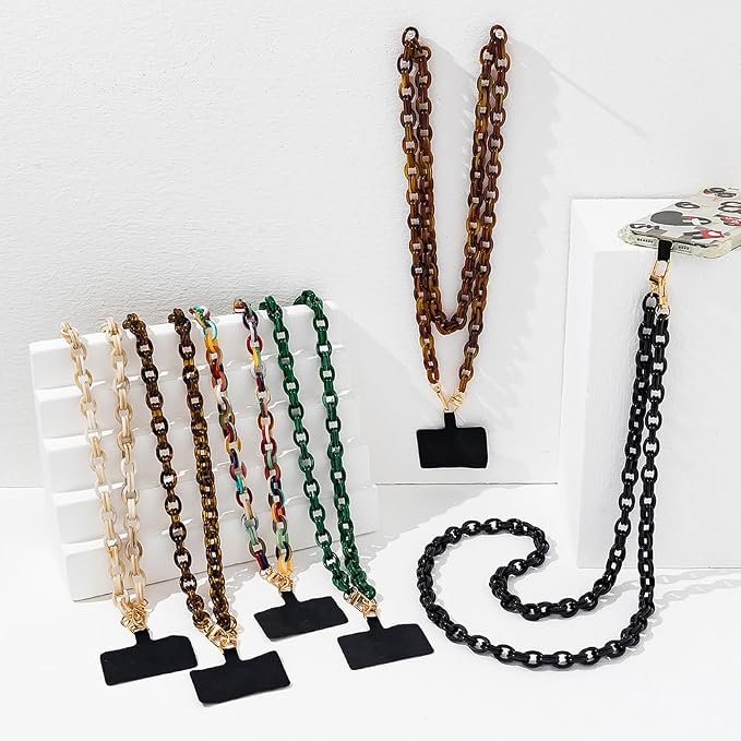 Phone Crossbody Chain CellPhone Lanyard, Acrylic Shouder Strap Universal Lanyard Chain with Tether Patches Compatible with Most Phones Bag Purse (Begie