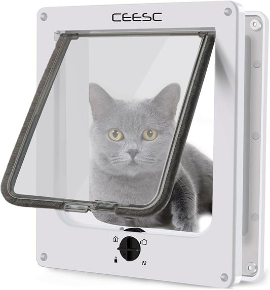 CEESC Large Cat Door for Interior/Exterior Door, Weatherproof, White, Rotary 4 Way Locking Pet Door for Cats & Dogs with Circumference < 23.62", Upgraded Version