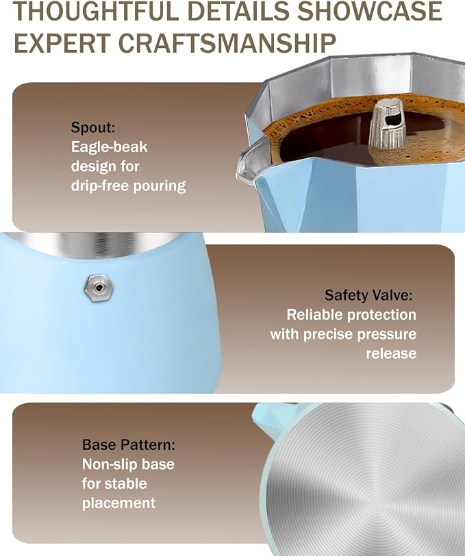 Coffee Maker Stovetop Espresso Maker 6 Cup Aluminum Moka Pot Percolator 10oz 300ml Easy Brewing for Electric Ceramic Stoves Home Camping Italian Cuban Café Classic Blue