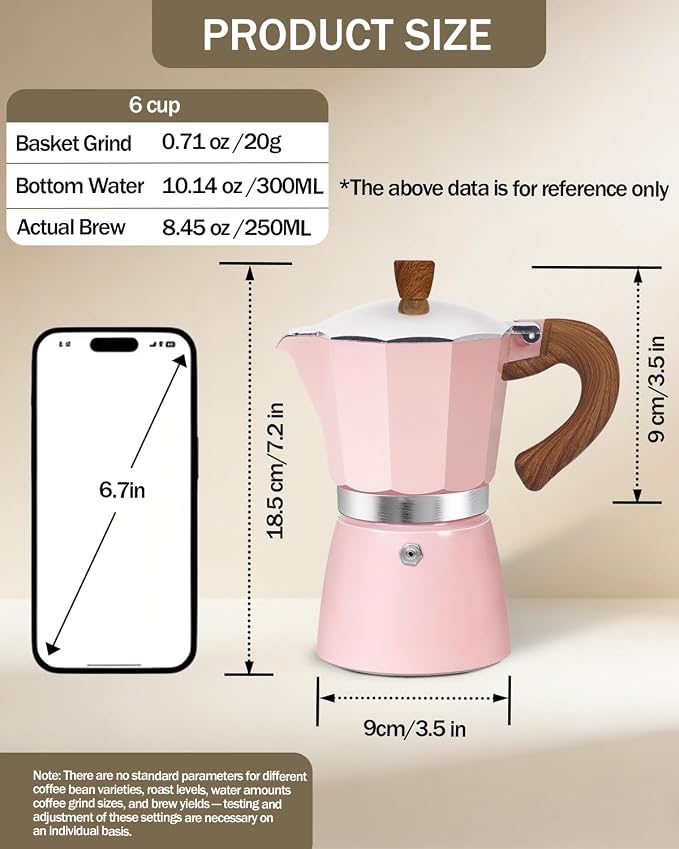 Coffee Maker Stovetop Espresso Maker 6 Cup Aluminum Moka Pot Percolator 10oz 300ml Easy Brewing for Electric Ceramic Stoves Home Camping Italian Cuban Café Classic Pink