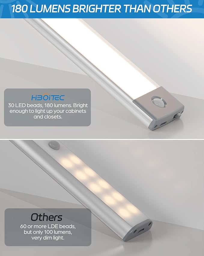 HIBOITEC Led Under Cabinet Lighting Motion Sensor Under Counter Light with 1000mah Rechargeable Battery, 30 LEDs Wireless Cabinet Lighting for Kitchen, Drawer, Warm White 2Pack