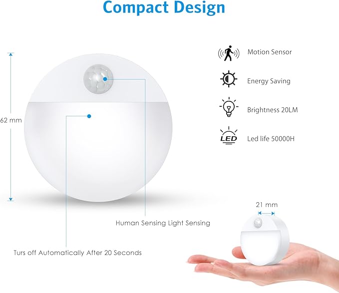 AMIR Upgraded Mini Motion Sensor Light Battery-Powered, Cordless Stick-on LED Night Light, Wall Light, Closet Lights, Safe Lights for Stairs, Hallway, Bathroom, Kitchen, Cabinet (Pack of 4 - White)