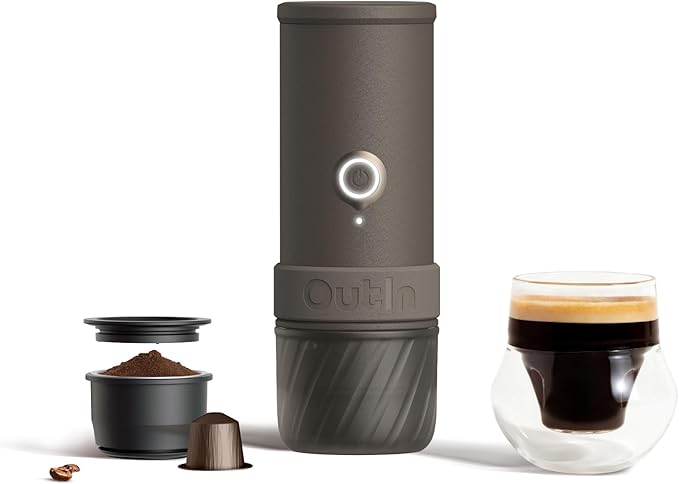 OutIn Mino Portable Electric Espresso Machine for Travel with Self-Heating | Mini Camping Coffee Maker, Pocket-Sized Coffee Machine, Ground Coffee & NS Capsule Adapter for Adventure, Tundra Brown