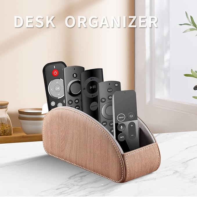 YAPISHI All-in-One Leather TV Remote Control Holder With 5 Compartments Nightstand Desktop DVD Media Player Remote Caddy Storage Box Organizer Tray For Makeup Brush Pen Stationary Table Controllers