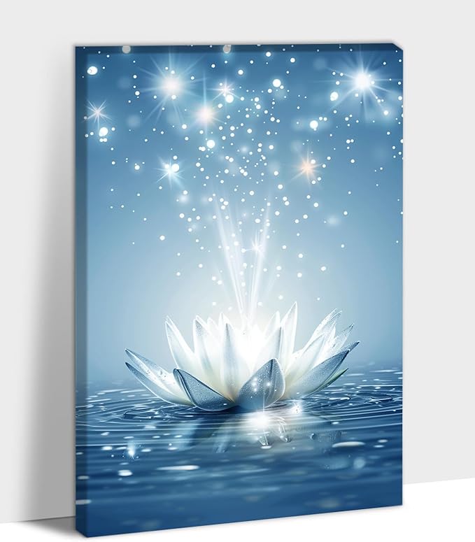 Zen White Lotus Flower Canvas Wall Art, Lotus Floral Pictures Wall Print, Spiritual Water Lily Canvas Prints,Lotus Bloom on Water Poster, Zen Meditation Spiritual Artwork for Yoga Spa Room 12x18 inch