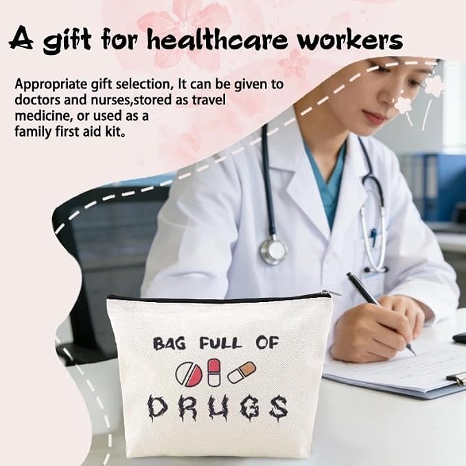 Travel Medicine Bag for Family Pharmacist Nurse Practitioner Gifts for Women Funny Meds Pouch Dental Medical Physician Assistant Makeup Bag Canvas Medication Carrying Pouch Emergency Pouch for School