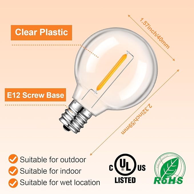 36 Pack G40 Replacement Bulbs for Outdoor String Lights, Shatterproof LED Globe Light Bulbs for Indoor Outdoor Patio Cafe Decor, E12 Screw Base, Warm White