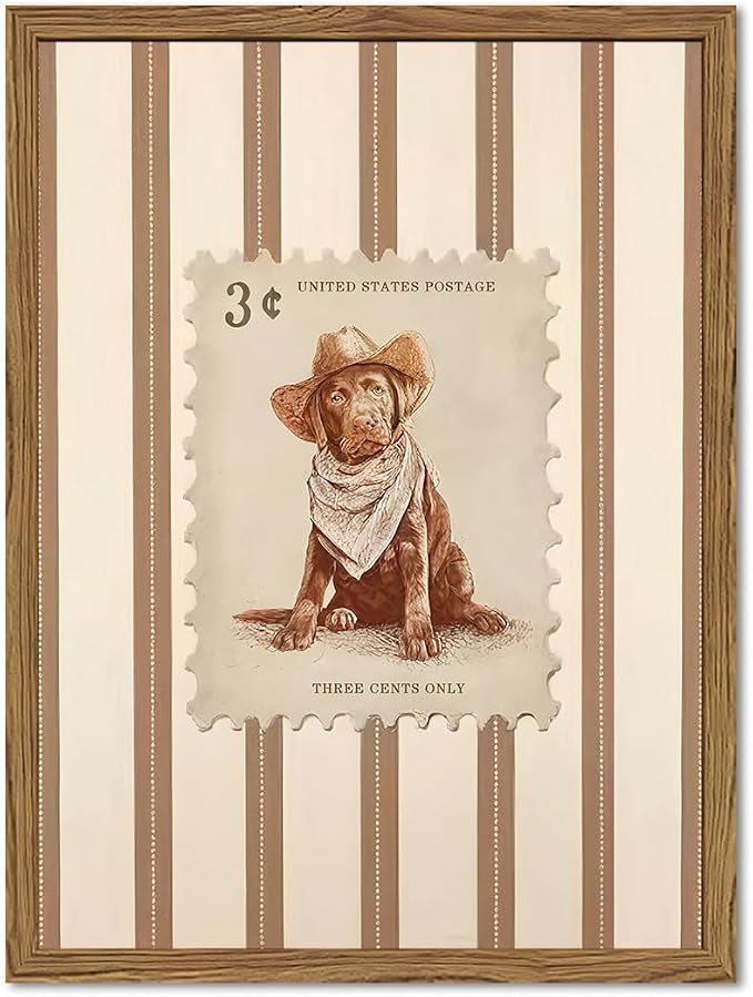 Western Cowboy Dog Wall Art, Vintage Striped Animal Southwestern Wall Decor Pictures Retro Southwest Cowboy Poster Painting Canvas Print for Living Room Bedroom 12x16 Inch Wood Framed