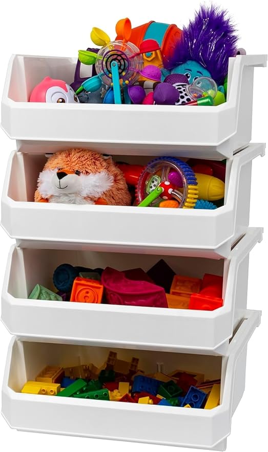 ReadySpace Plastic Containers for Organizing and Storage Bins for Closet, Kitchen, Office, Garage or Pantry Organization, Stackable Bins, Extra Large (14.8" x 16.5" x 7"), 4-Pack, White