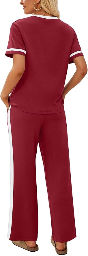 Sampeel 2 Piece Sets for Women Matching Sets Summer Outfits Resort Wear Short Sleeve Lounge Set Wide Leg Pants with Pockets