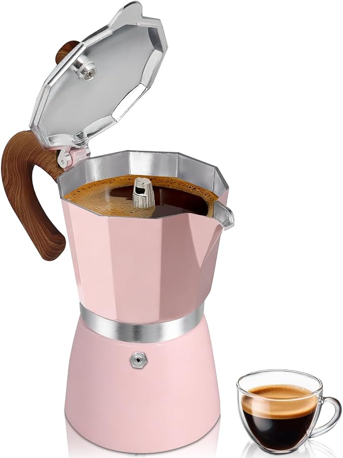 Coffee Maker Stovetop Espresso Maker 3 Cup Aluminum Moka Pot Percolator 5oz 150ml Easy Brewing for Electric Ceramic Stoves Home Camping Italian Cuban Café Classic Sip Sized Pink